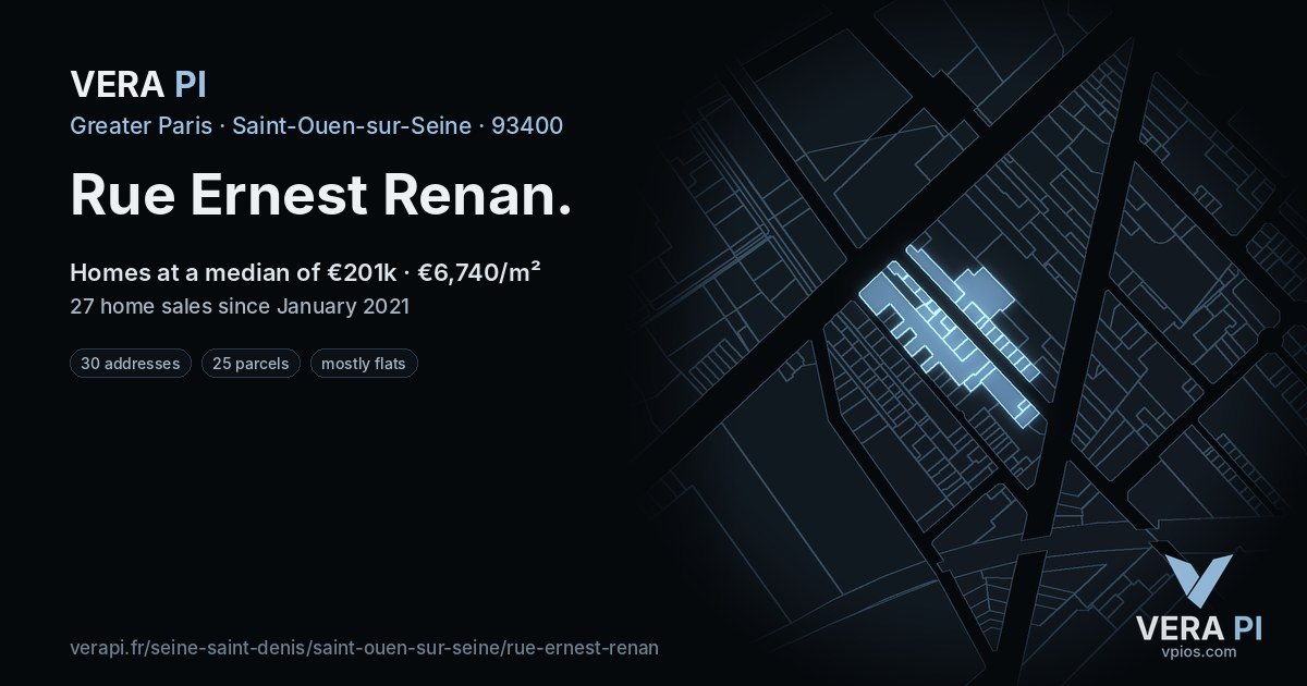 Rue Ernest Renan, Saint-Ouen-sur-Seine at night – every parcel coloured by the prices around it, the street's own parcels lit