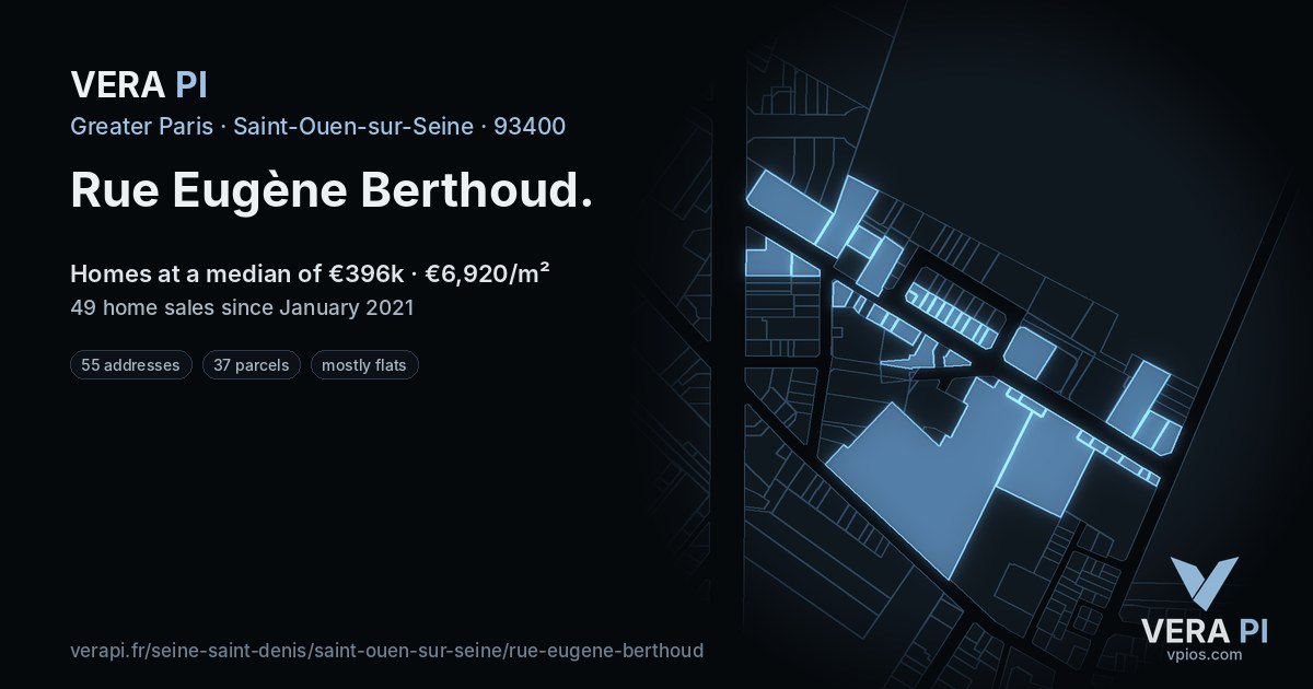 Rue Eugène Berthoud, Saint-Ouen-sur-Seine at night – every parcel coloured by the prices around it, the street's own parcels lit