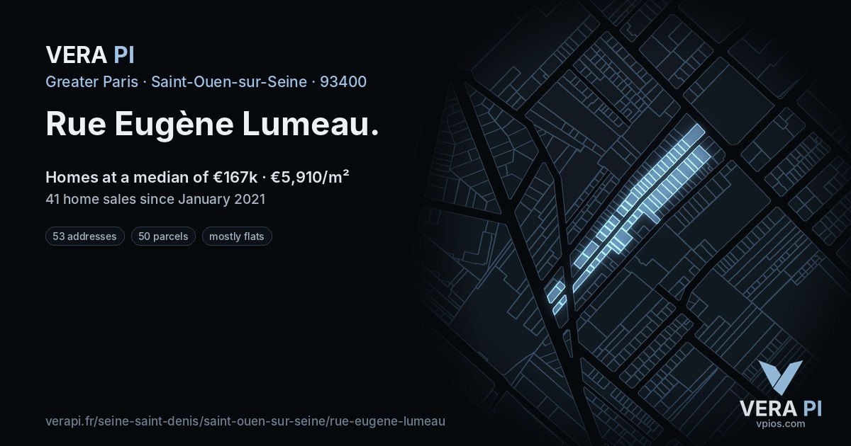 Rue Eugène Lumeau, Saint-Ouen-sur-Seine at night – every parcel coloured by the prices around it, the street's own parcels lit