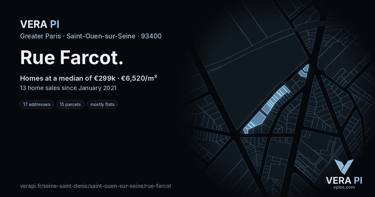 Rue Farcot, Saint-Ouen-sur-Seine at night – every parcel coloured by the prices around it, the street's own parcels lit