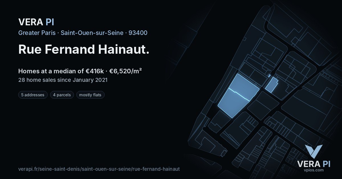 Rue Fernand Hainaut, Saint-Ouen-sur-Seine at night – every parcel coloured by the prices around it, the street's own parcels lit