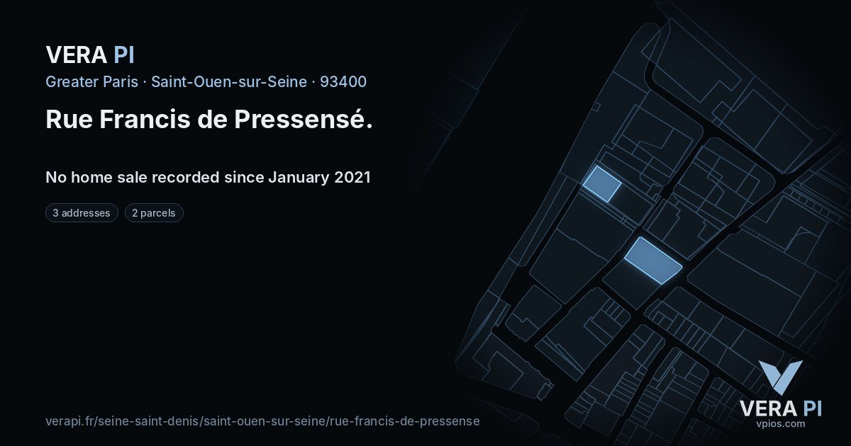 Rue Francis de Pressensé, Saint-Ouen-sur-Seine at night – every parcel coloured by the prices around it, the street's own parcels lit