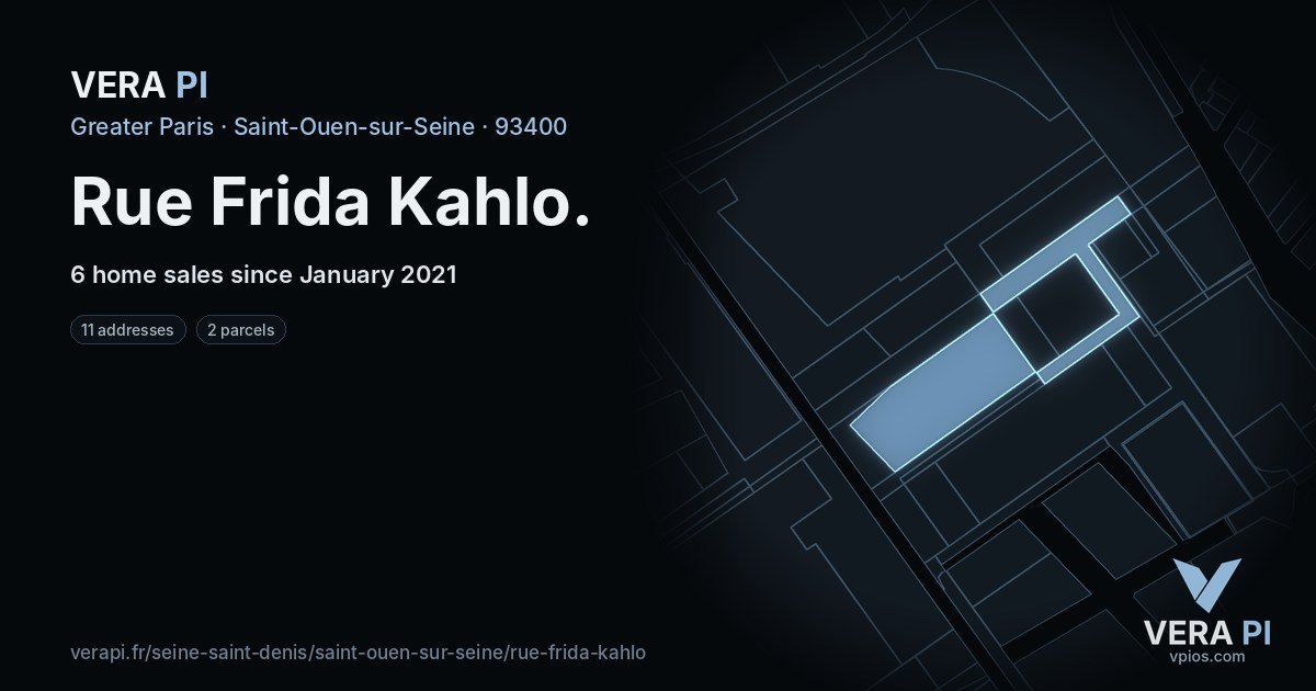 Rue Frida Kahlo, Saint-Ouen-sur-Seine at night – every parcel coloured by the prices around it, the street's own parcels lit
