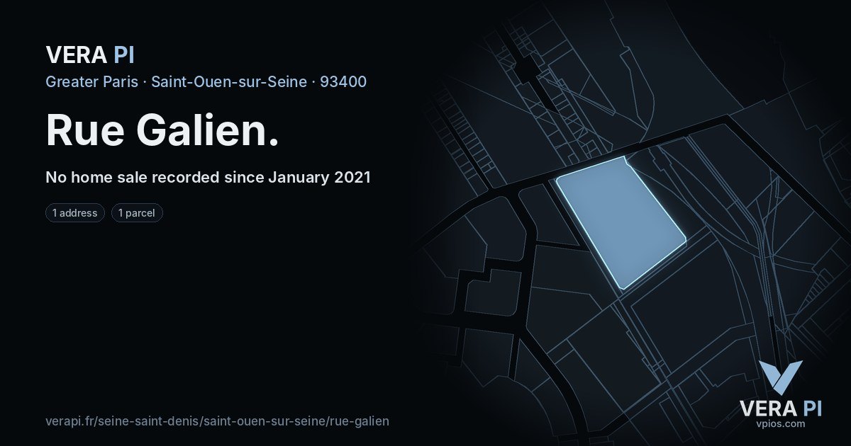 Rue Galien, Saint-Ouen-sur-Seine at night – every parcel coloured by the prices around it, the street's own parcels lit