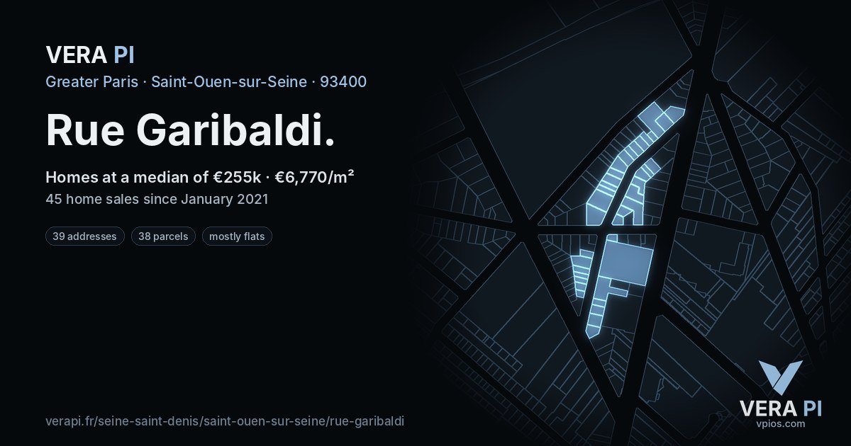 Rue Garibaldi, Saint-Ouen-sur-Seine at night – every parcel coloured by the prices around it, the street's own parcels lit