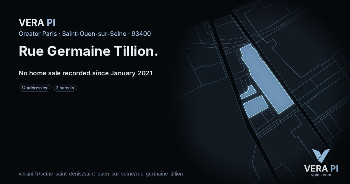 Rue Germaine Tillion, Saint-Ouen-sur-Seine at night – every parcel coloured by the prices around it, the street's own parcels lit