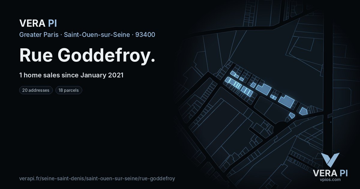 Rue Goddefroy, Saint-Ouen-sur-Seine at night – every parcel coloured by the prices around it, the street's own parcels lit