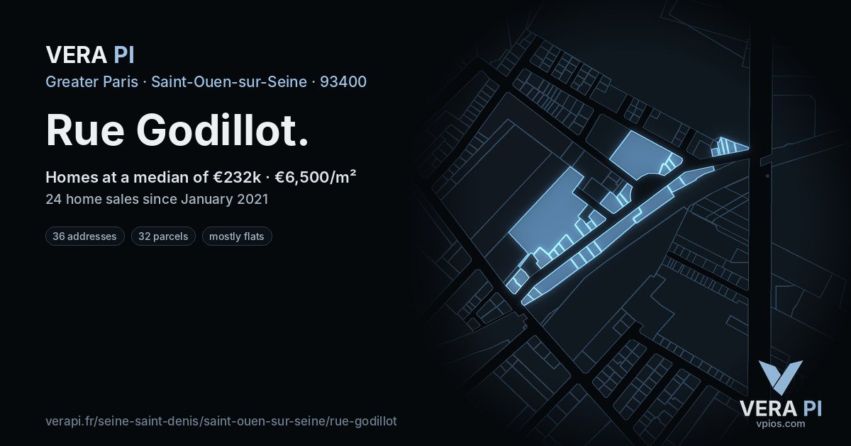 Rue Godillot, Saint-Ouen-sur-Seine at night – every parcel coloured by the prices around it, the street's own parcels lit
