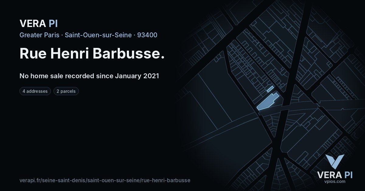 Rue Henri Barbusse, Saint-Ouen-sur-Seine at night – every parcel coloured by the prices around it, the street's own parcels lit