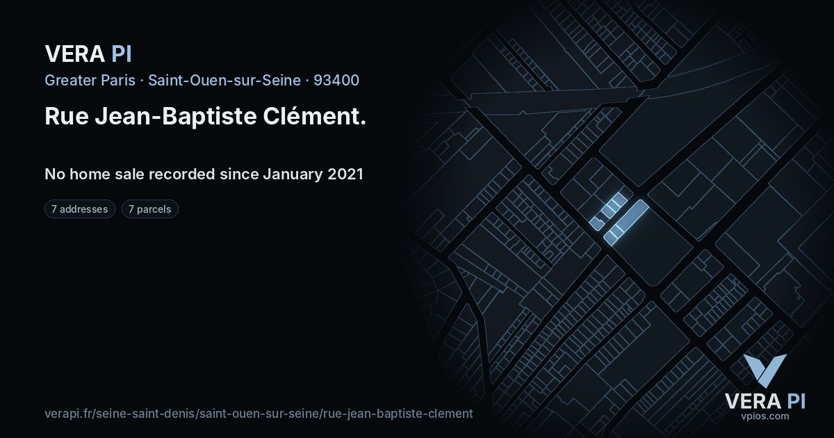 Rue Jean-Baptiste Clément, Saint-Ouen-sur-Seine at night – every parcel coloured by the prices around it, the street's own parcels lit
