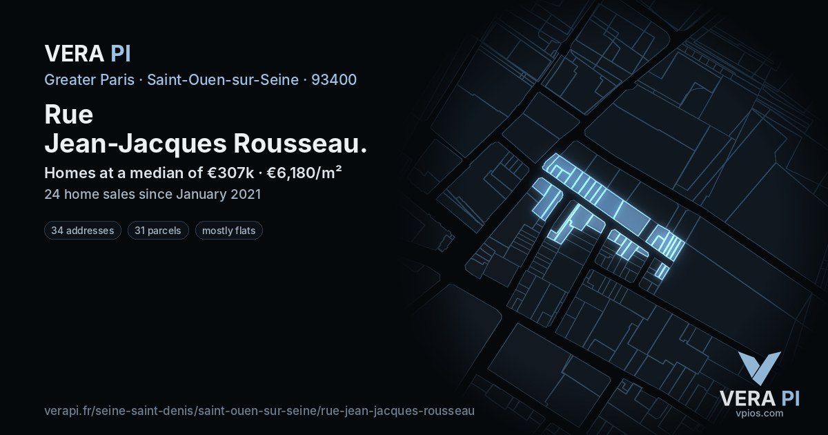 Rue Jean-Jacques Rousseau, Saint-Ouen-sur-Seine at night – every parcel coloured by the prices around it, the street's own parcels lit
