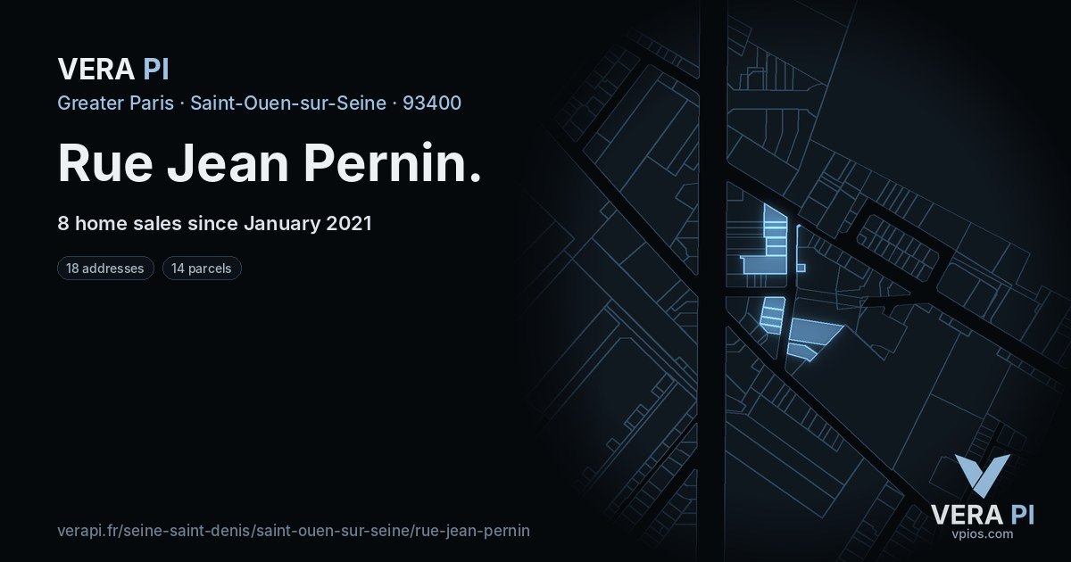 Rue Jean Pernin, Saint-Ouen-sur-Seine at night – every parcel coloured by the prices around it, the street's own parcels lit