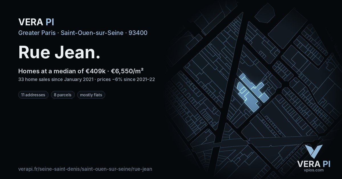 Rue Jean, Saint-Ouen-sur-Seine at night – every parcel coloured by the prices around it, the street's own parcels lit