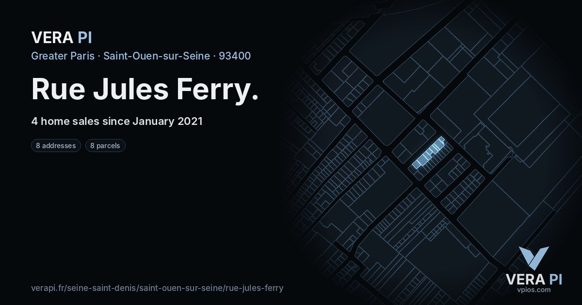 Rue Jules Ferry, Saint-Ouen-sur-Seine at night – every parcel coloured by the prices around it, the street's own parcels lit