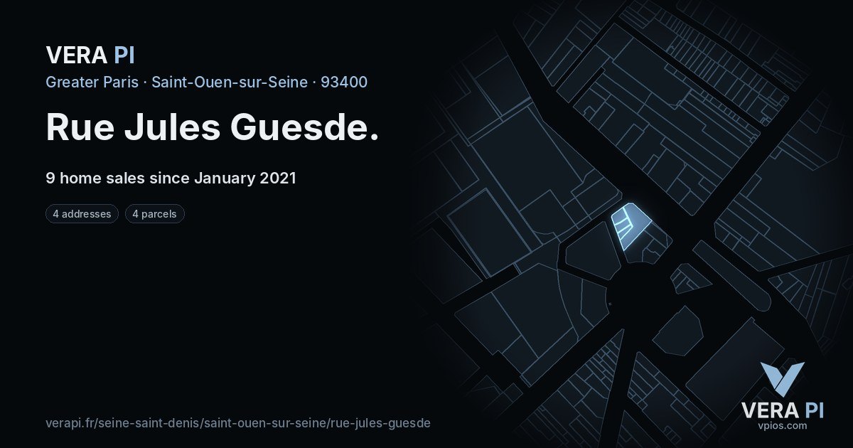Rue Jules Guesde, Saint-Ouen-sur-Seine at night – every parcel coloured by the prices around it, the street's own parcels lit