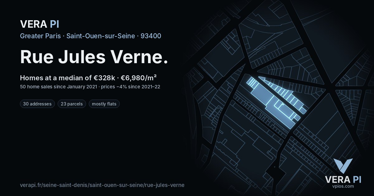 Rue Jules Verne, Saint-Ouen-sur-Seine at night – every parcel coloured by the prices around it, the street's own parcels lit