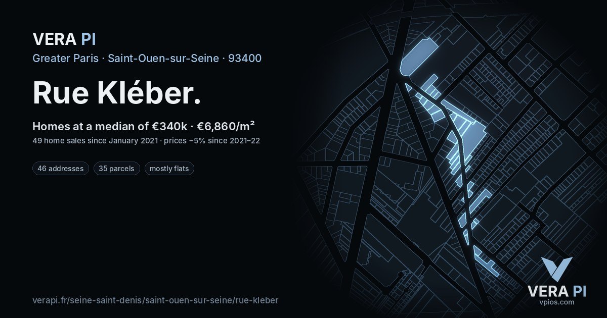 Rue Kléber, Saint-Ouen-sur-Seine at night – every parcel coloured by the prices around it, the street's own parcels lit