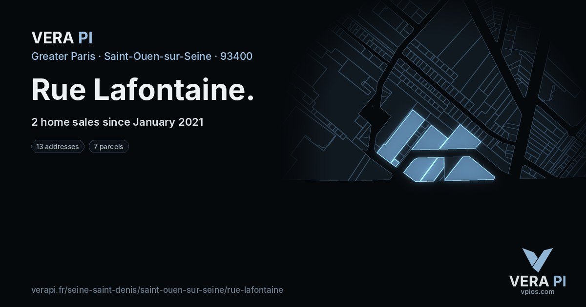 Rue Lafontaine, Saint-Ouen-sur-Seine at night – every parcel coloured by the prices around it, the street's own parcels lit