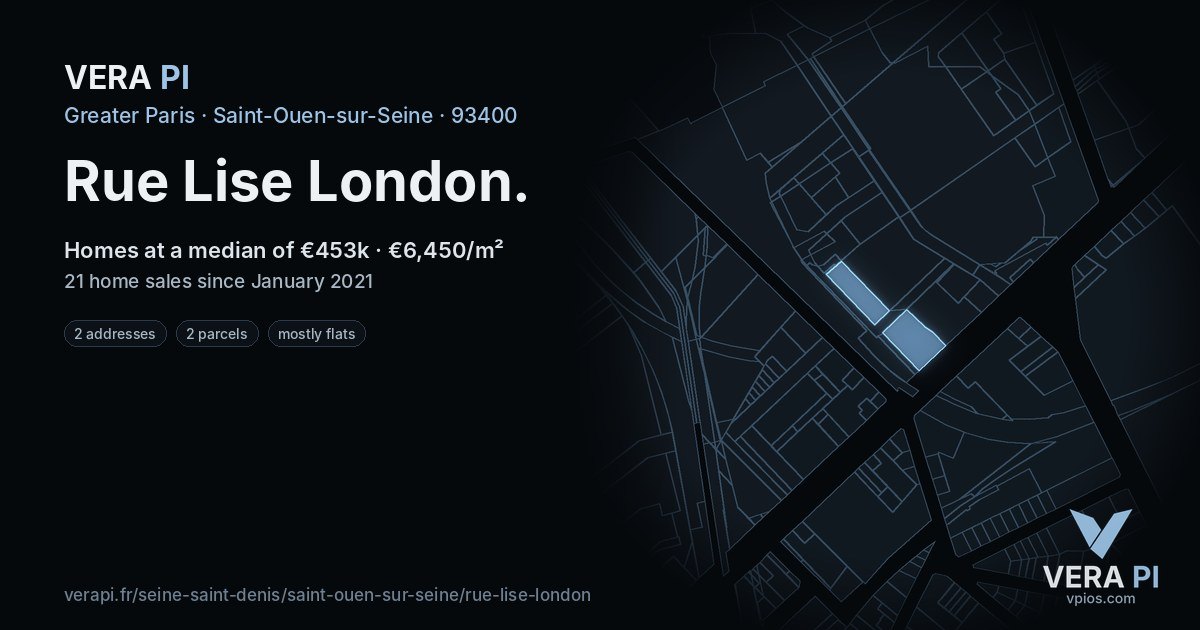 Rue Lise London, Saint-Ouen-sur-Seine at night – every parcel coloured by the prices around it, the street's own parcels lit
