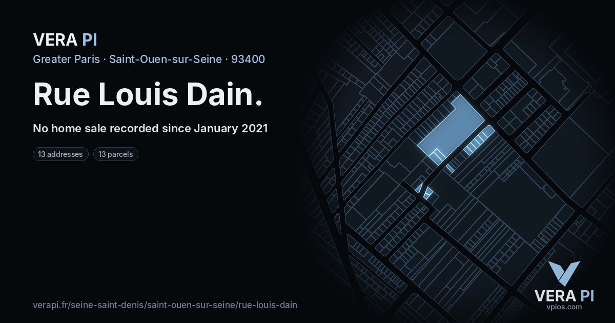 Rue Louis Dain, Saint-Ouen-sur-Seine at night – every parcel coloured by the prices around it, the street's own parcels lit