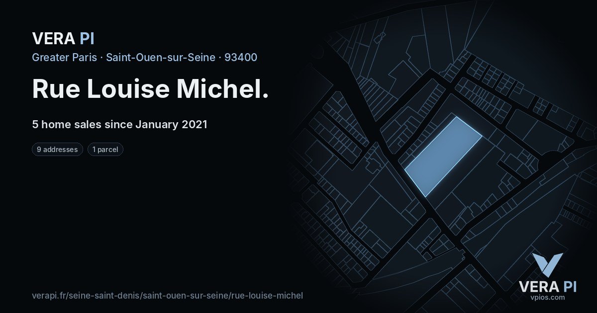 Rue Louise Michel, Saint-Ouen-sur-Seine at night – every parcel coloured by the prices around it, the street's own parcels lit