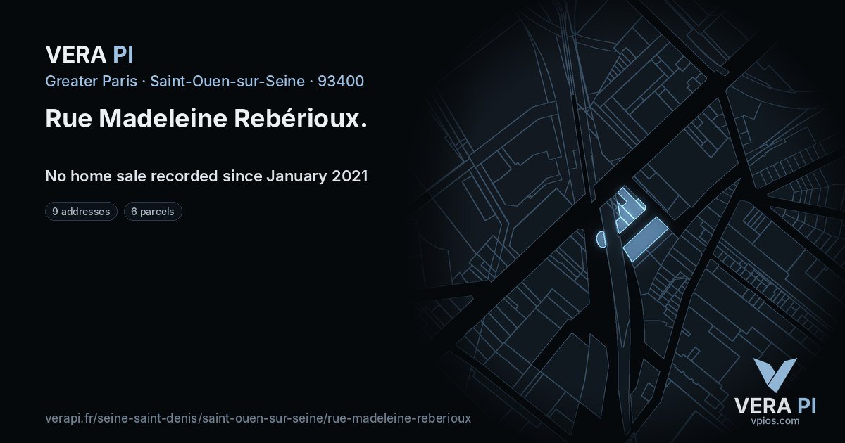 Rue Madeleine Rebérioux, Saint-Ouen-sur-Seine at night – every parcel coloured by the prices around it, the street's own parcels lit
