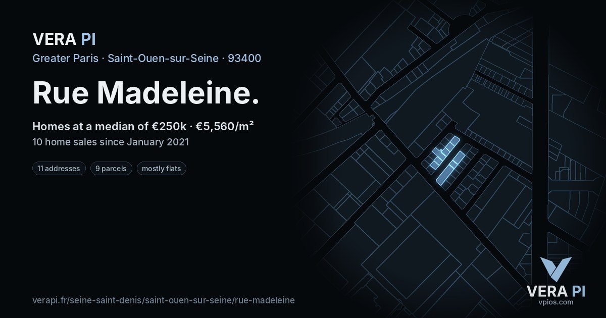 Rue Madeleine, Saint-Ouen-sur-Seine at night – every parcel coloured by the prices around it, the street's own parcels lit
