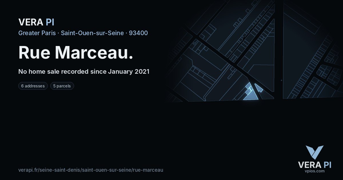 Rue Marceau, Saint-Ouen-sur-Seine at night – every parcel coloured by the prices around it, the street's own parcels lit
