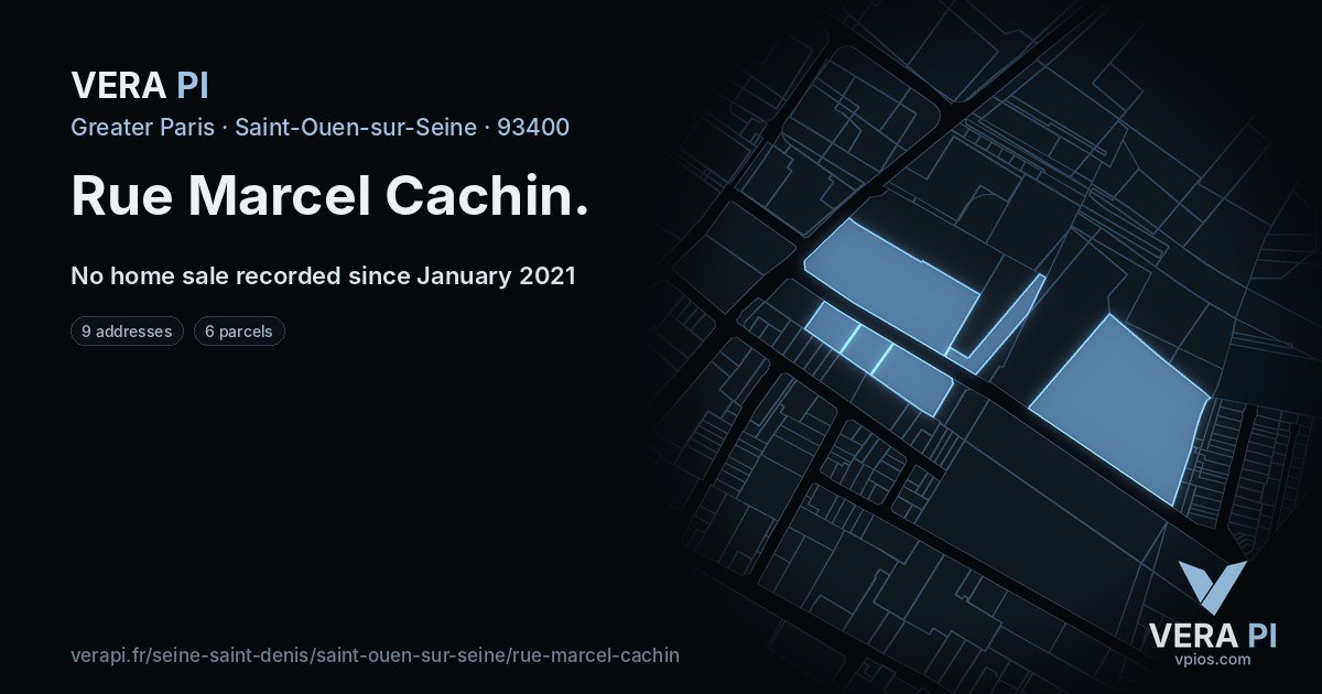 Rue Marcel Cachin, Saint-Ouen-sur-Seine at night – every parcel coloured by the prices around it, the street's own parcels lit
