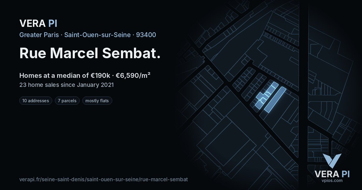 Rue Marcel Sembat, Saint-Ouen-sur-Seine at night – every parcel coloured by the prices around it, the street's own parcels lit