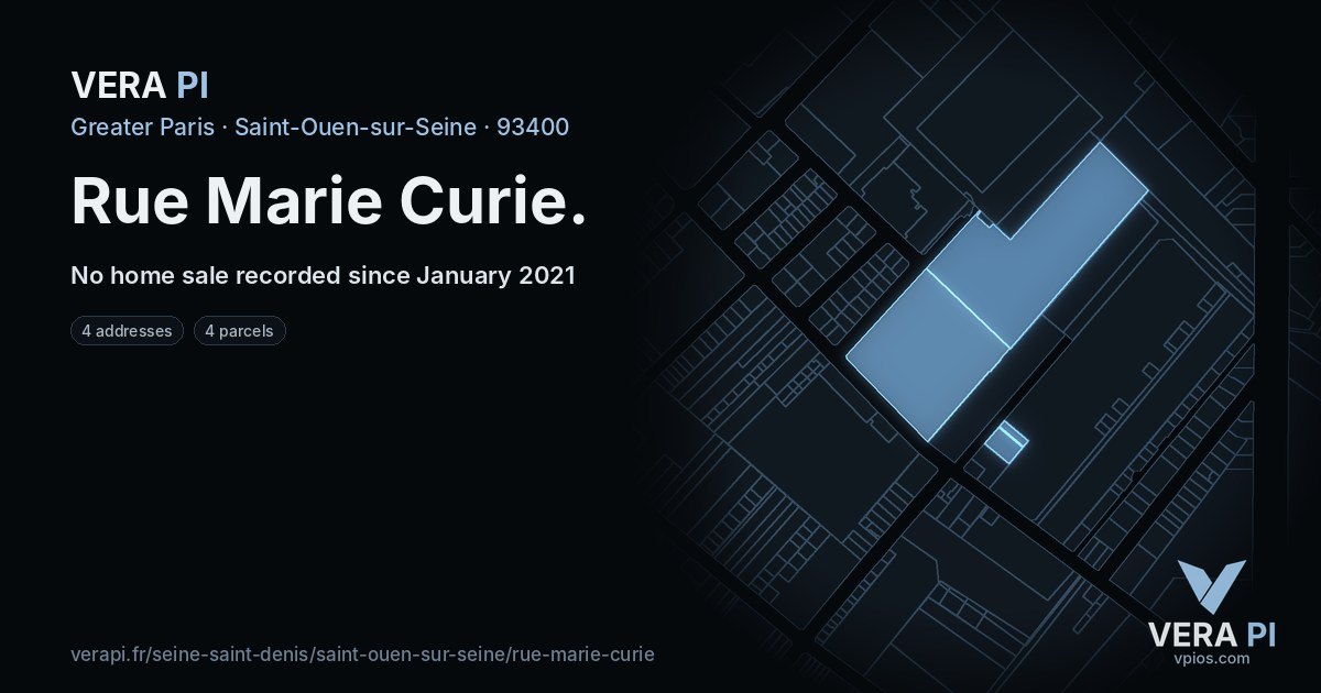 Rue Marie Curie, Saint-Ouen-sur-Seine at night – every parcel coloured by the prices around it, the street's own parcels lit