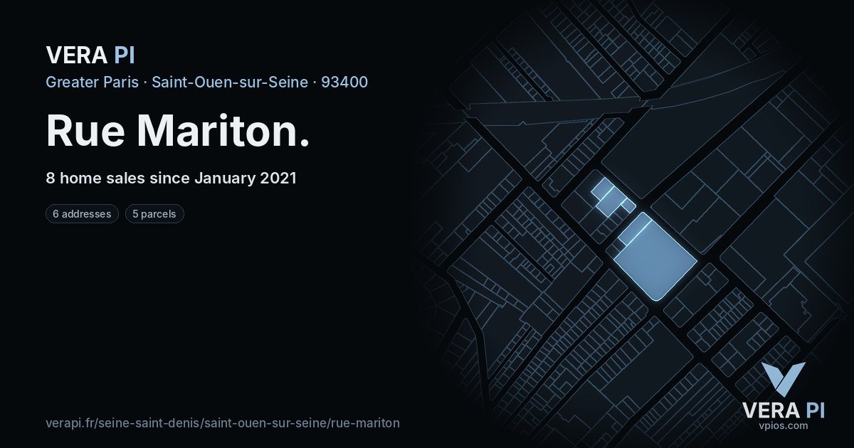 Rue Mariton, Saint-Ouen-sur-Seine at night – every parcel coloured by the prices around it, the street's own parcels lit