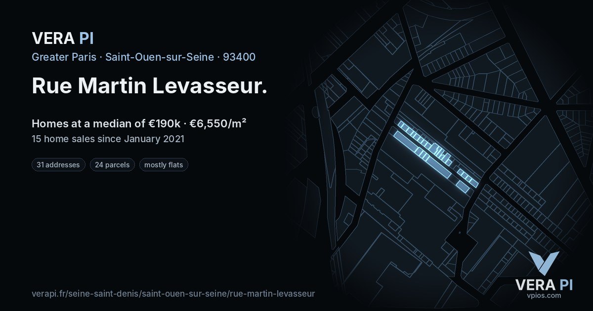 Rue Martin Levasseur, Saint-Ouen-sur-Seine at night – every parcel coloured by the prices around it, the street's own parcels lit