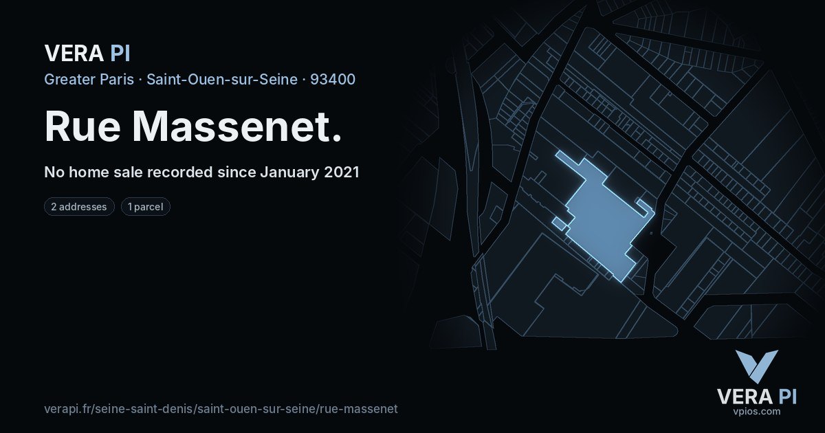 Rue Massenet, Saint-Ouen-sur-Seine at night – every parcel coloured by the prices around it, the street's own parcels lit