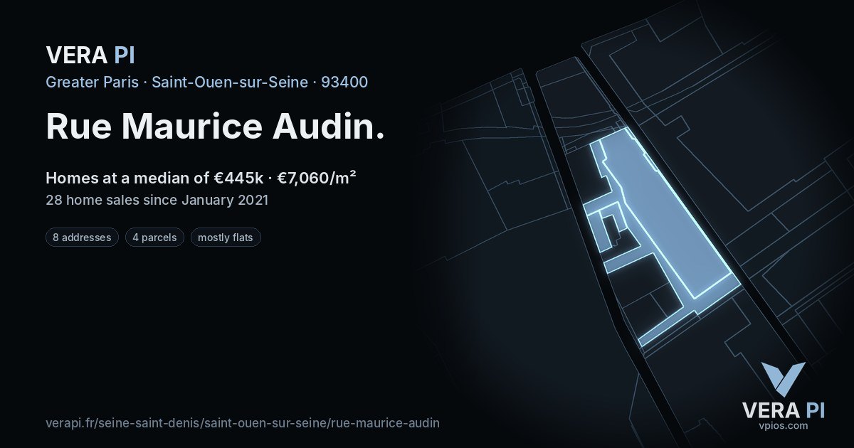 Rue Maurice Audin, Saint-Ouen-sur-Seine at night – every parcel coloured by the prices around it, the street's own parcels lit