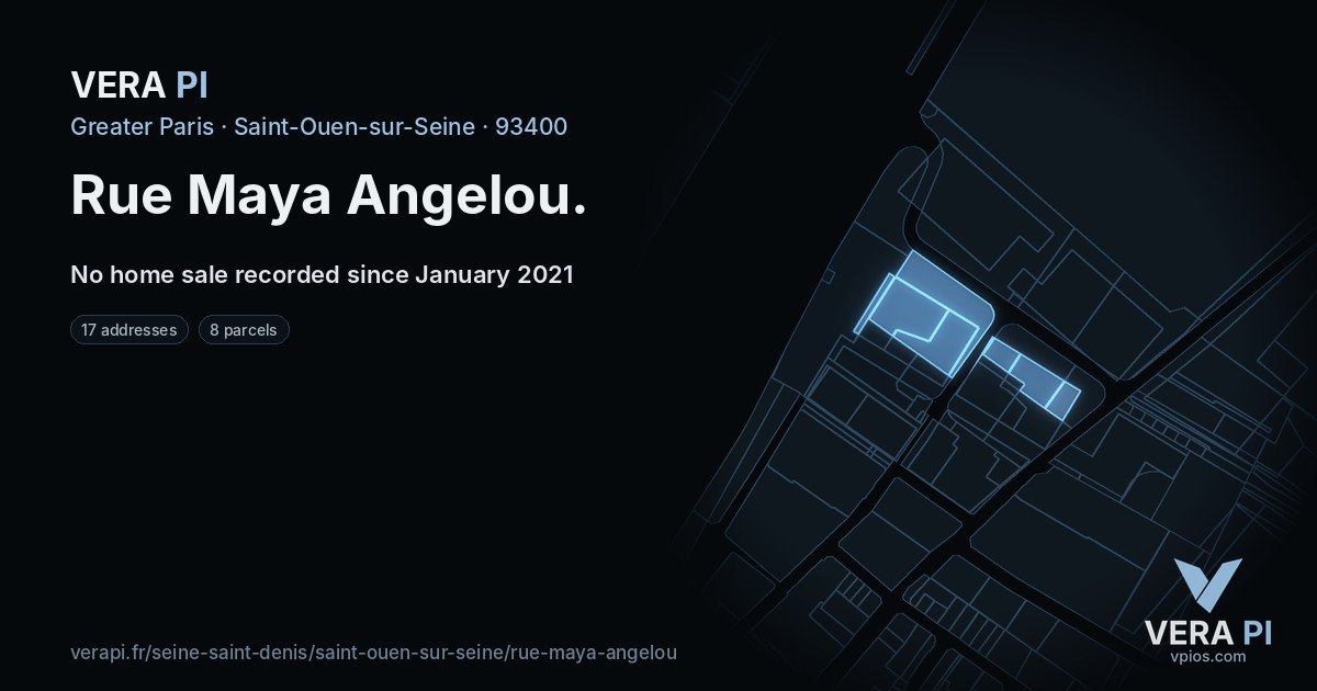 Rue Maya Angelou, Saint-Ouen-sur-Seine at night – every parcel coloured by the prices around it, the street's own parcels lit