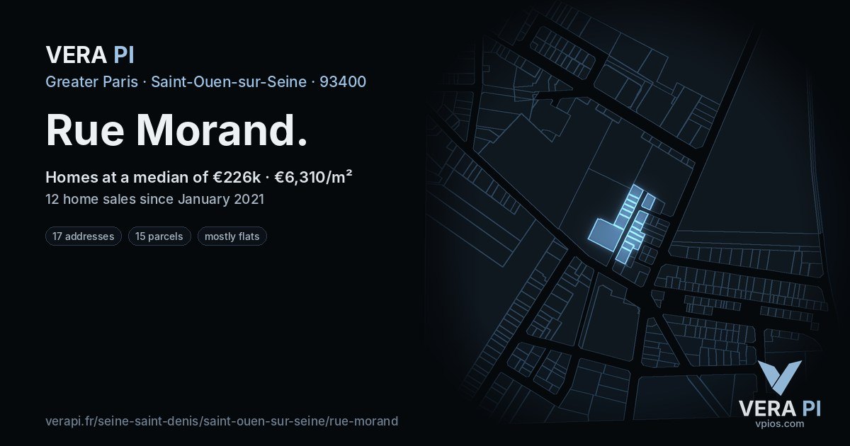 Rue Morand, Saint-Ouen-sur-Seine at night – every parcel coloured by the prices around it, the street's own parcels lit