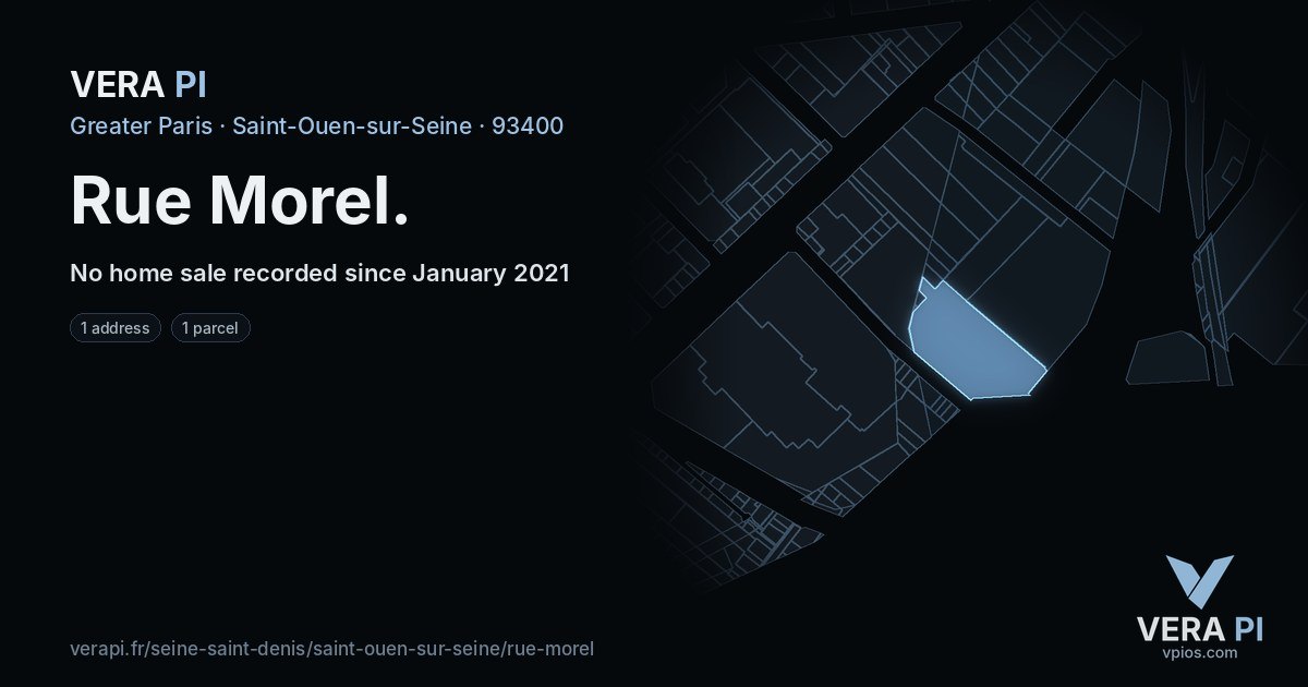 Rue Morel, Saint-Ouen-sur-Seine at night – every parcel coloured by the prices around it, the street's own parcels lit