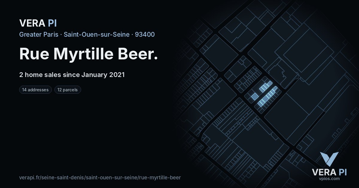 Rue Myrtille Beer, Saint-Ouen-sur-Seine at night – every parcel coloured by the prices around it, the street's own parcels lit