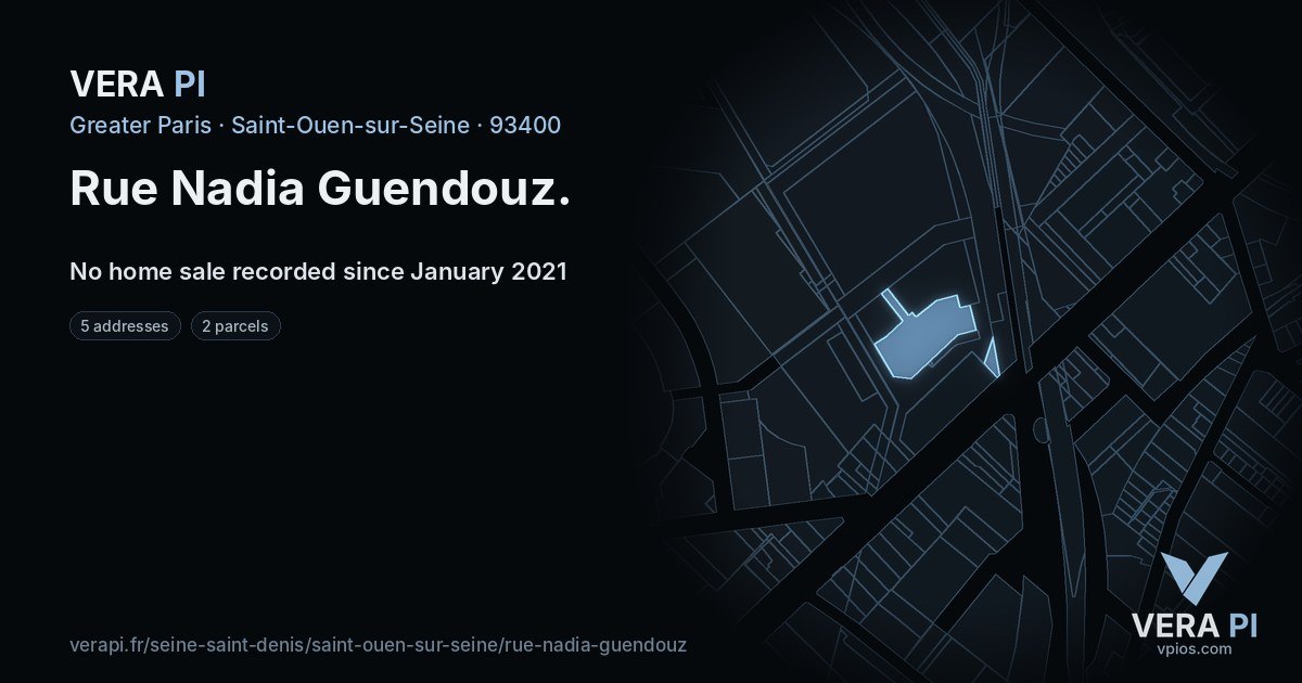 Rue Nadia Guendouz, Saint-Ouen-sur-Seine at night – every parcel coloured by the prices around it, the street's own parcels lit