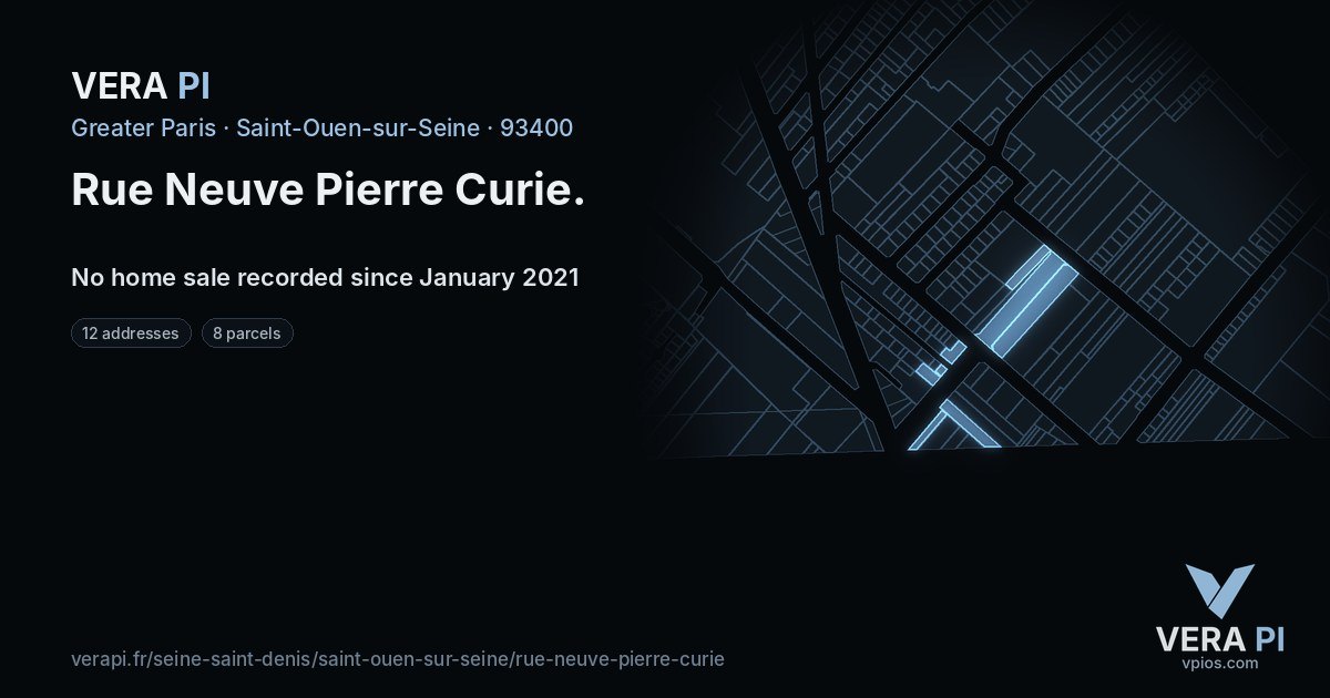 Rue Neuve Pierre Curie, Saint-Ouen-sur-Seine at night – every parcel coloured by the prices around it, the street's own parcels lit