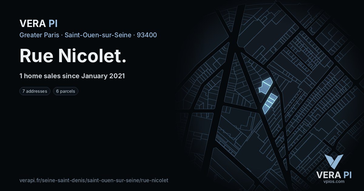 Rue Nicolet, Saint-Ouen-sur-Seine at night – every parcel coloured by the prices around it, the street's own parcels lit
