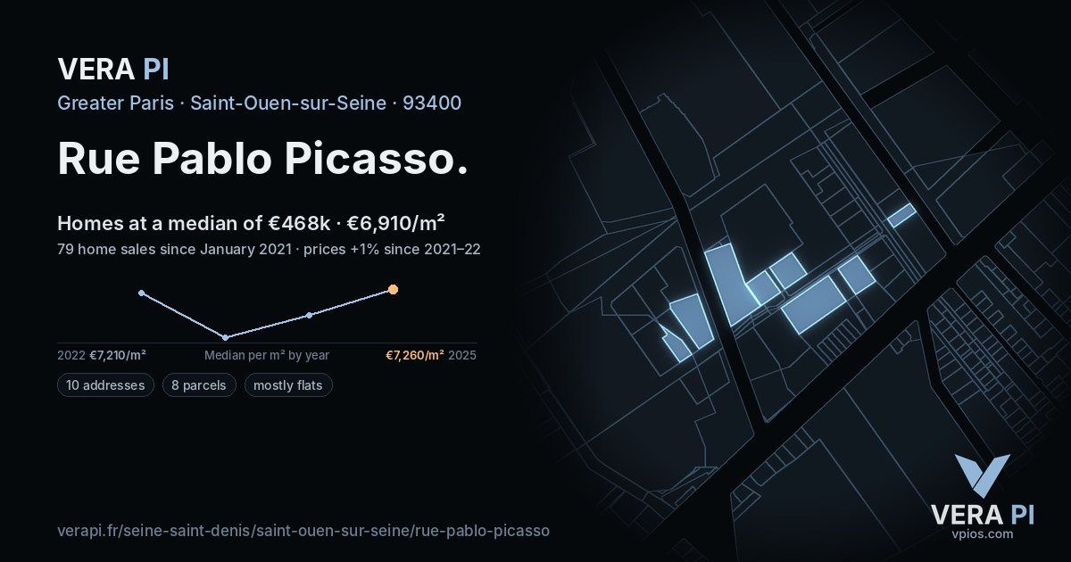 Rue Pablo Picasso, Saint-Ouen-sur-Seine at night – every parcel coloured by the prices around it, the street's own parcels lit
