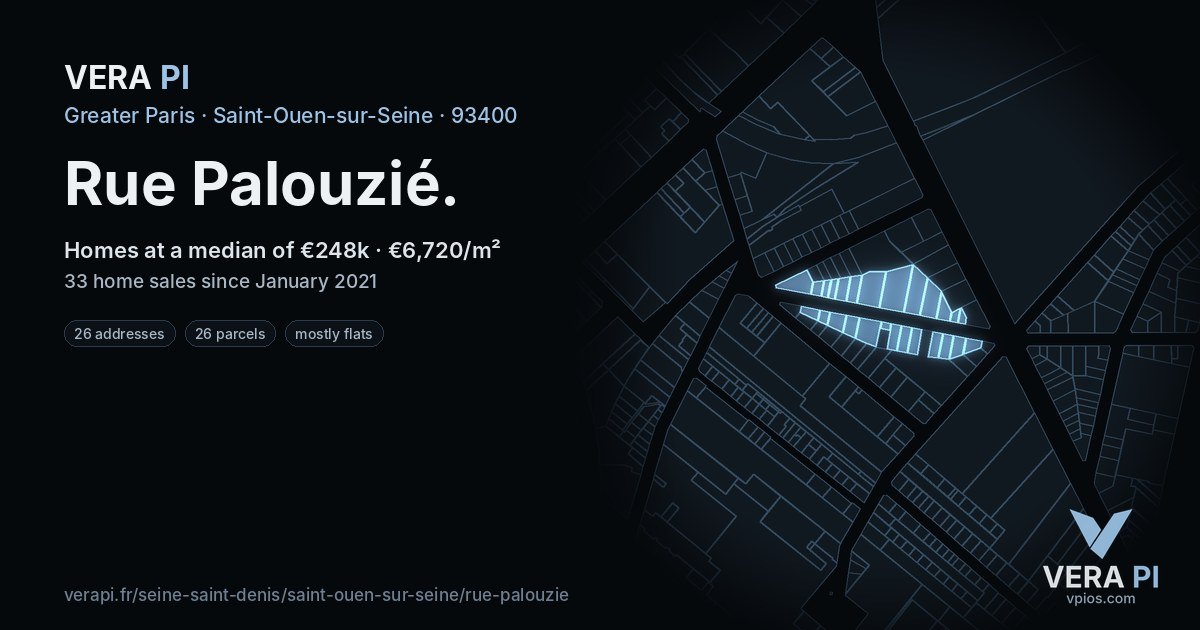 Rue Palouzié, Saint-Ouen-sur-Seine at night – every parcel coloured by the prices around it, the street's own parcels lit