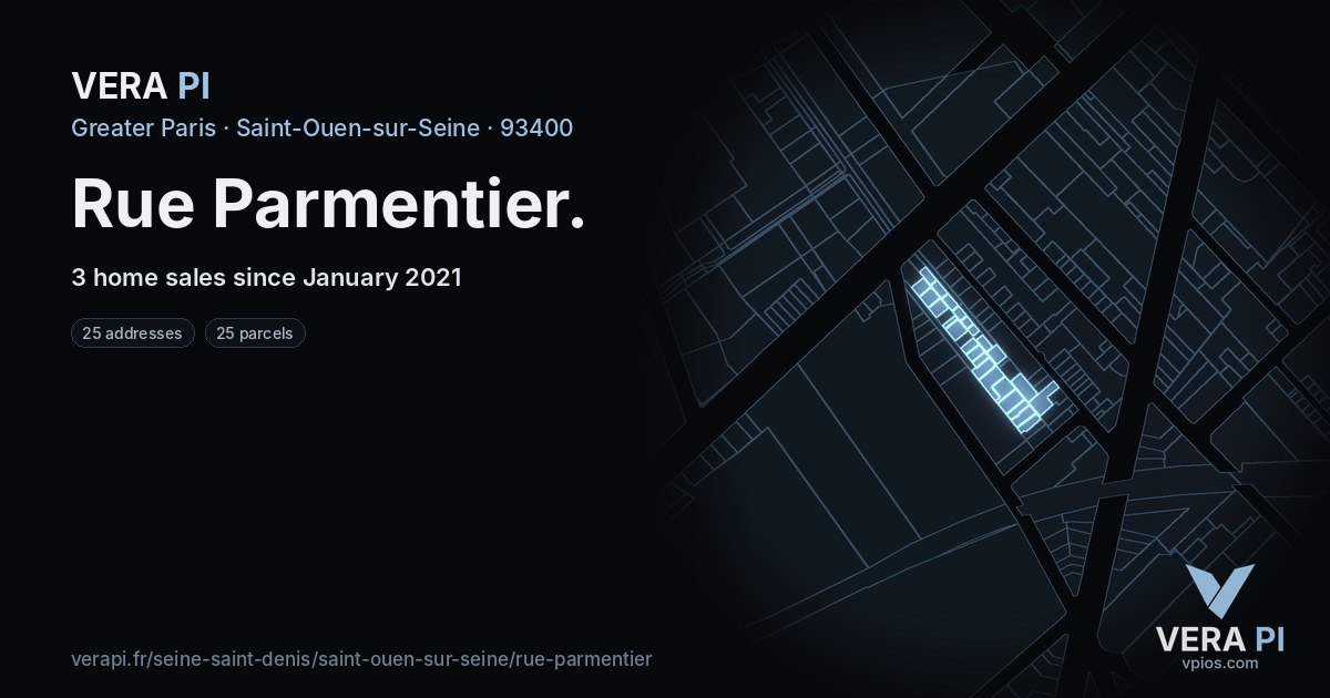Rue Parmentier, Saint-Ouen-sur-Seine at night – every parcel coloured by the prices around it, the street's own parcels lit