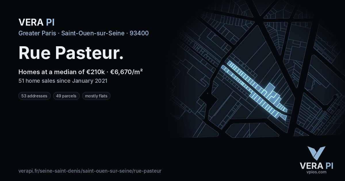 Rue Pasteur, Saint-Ouen-sur-Seine at night – every parcel coloured by the prices around it, the street's own parcels lit