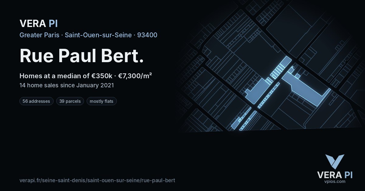 Rue Paul Bert, Saint-Ouen-sur-Seine at night – every parcel coloured by the prices around it, the street's own parcels lit