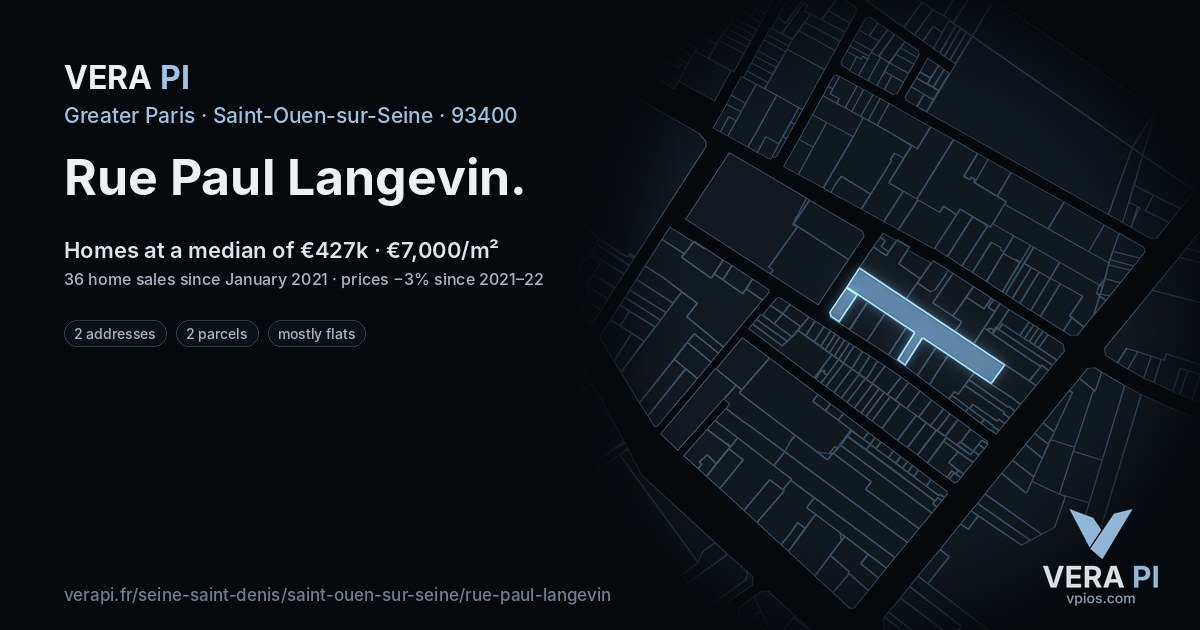 Rue Paul Langevin, Saint-Ouen-sur-Seine at night – every parcel coloured by the prices around it, the street's own parcels lit