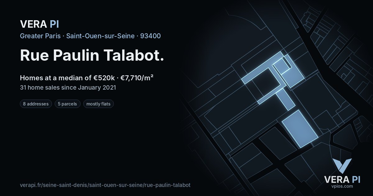 Rue Paulin Talabot, Saint-Ouen-sur-Seine at night – every parcel coloured by the prices around it, the street's own parcels lit