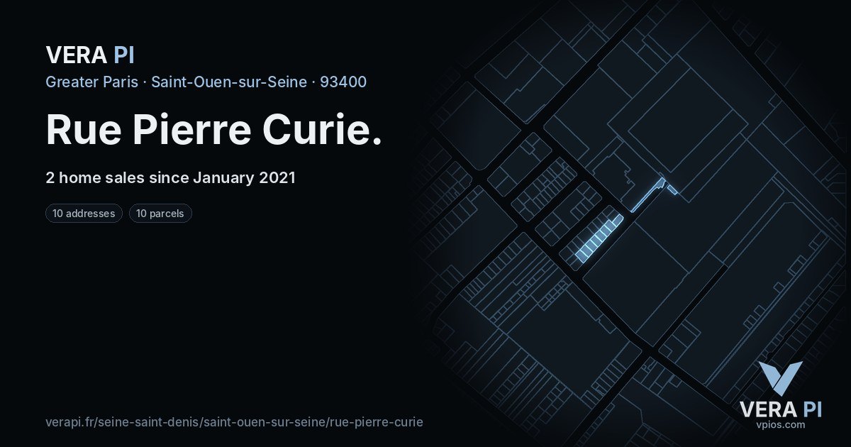 Rue Pierre Curie, Saint-Ouen-sur-Seine at night – every parcel coloured by the prices around it, the street's own parcels lit